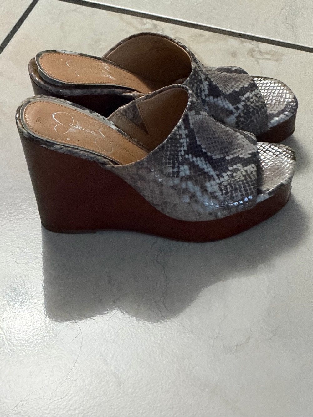 Jessica Simpson Gray Snake-Print Wedge Mules with Brown Platform